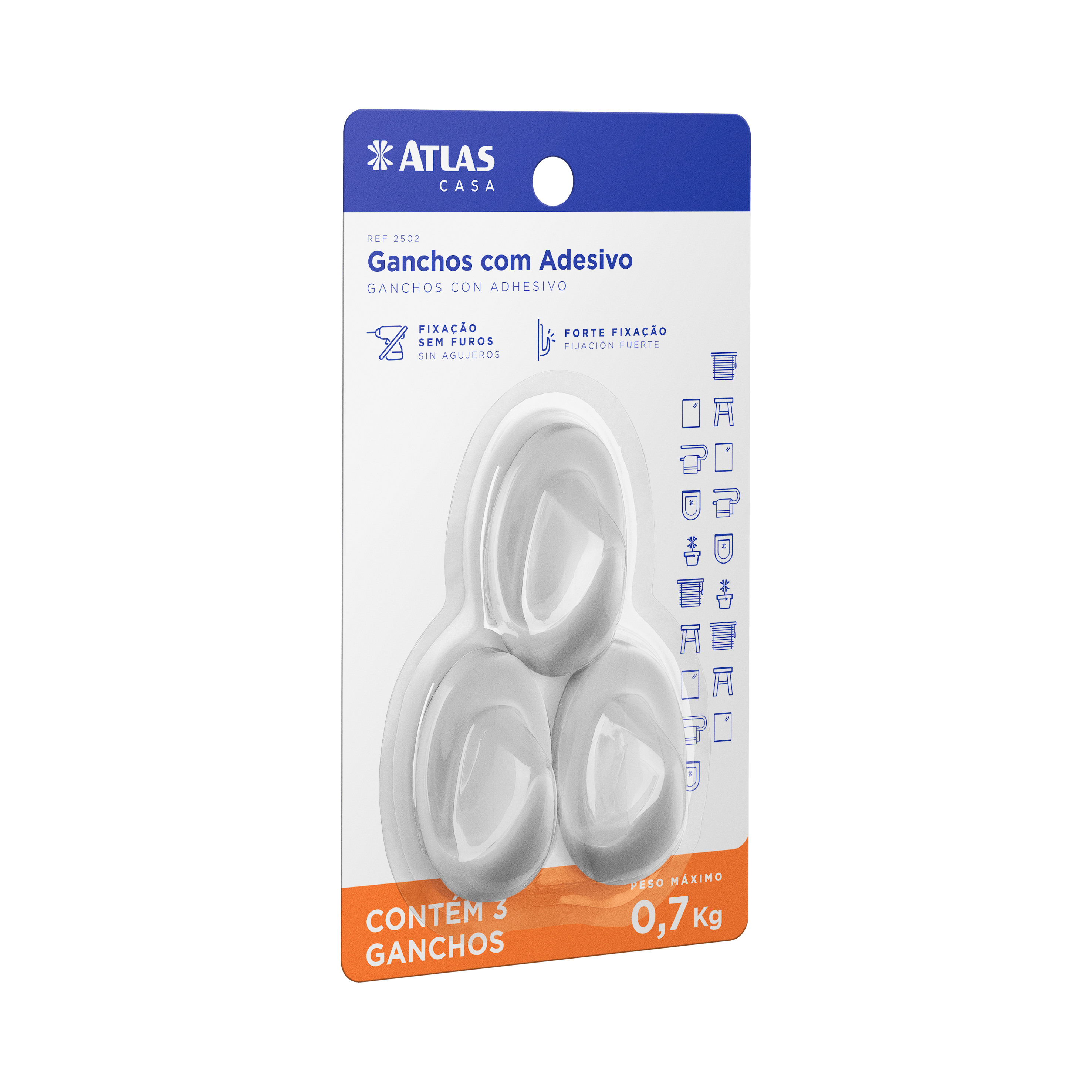 GANCHO PLASTICO ADHESIVO 0,7KG 3PZ