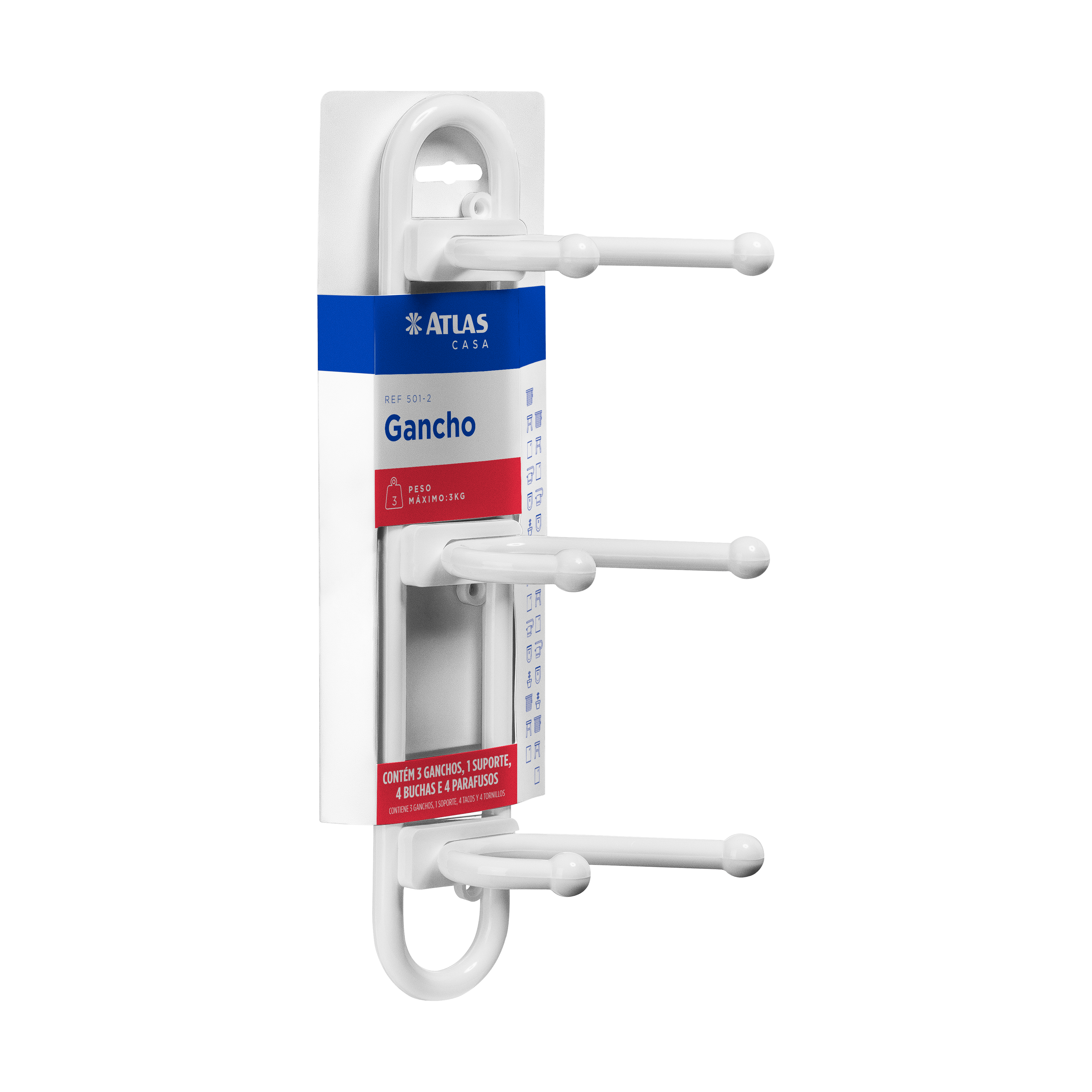 COLGADOR PARED 3KG 3GANCHOS PLASTIC-BLAN