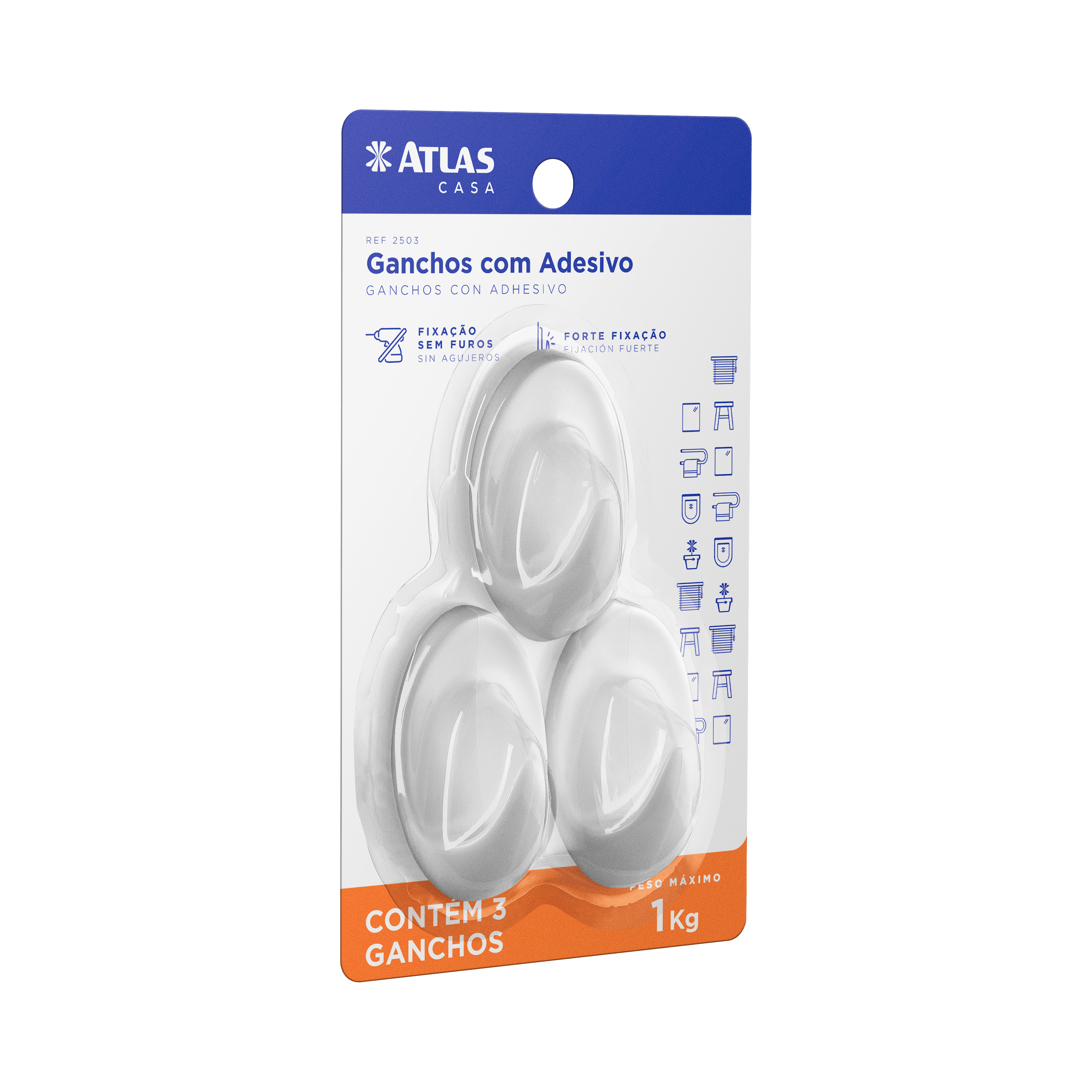 GANCHO PLASTICO ADHESIVO 1KG 3PZ