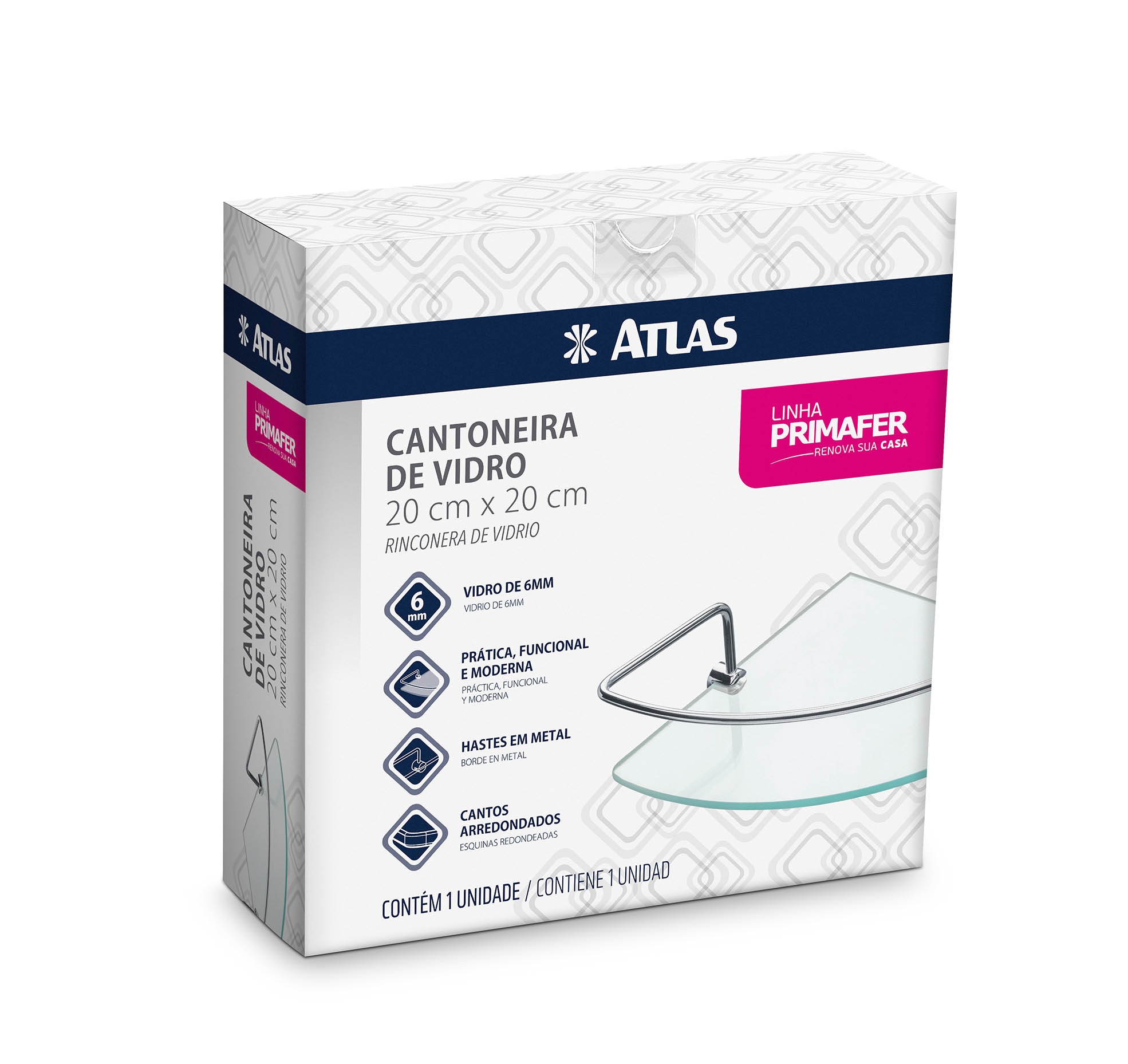 CANT DE VIDRO 6MM 20X20CM HASTE METAL PO