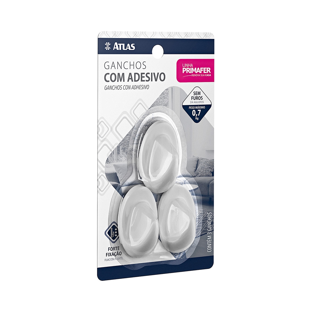 GANCHO ADESIVO 3PC 0,7KG OVAL PLAST BR