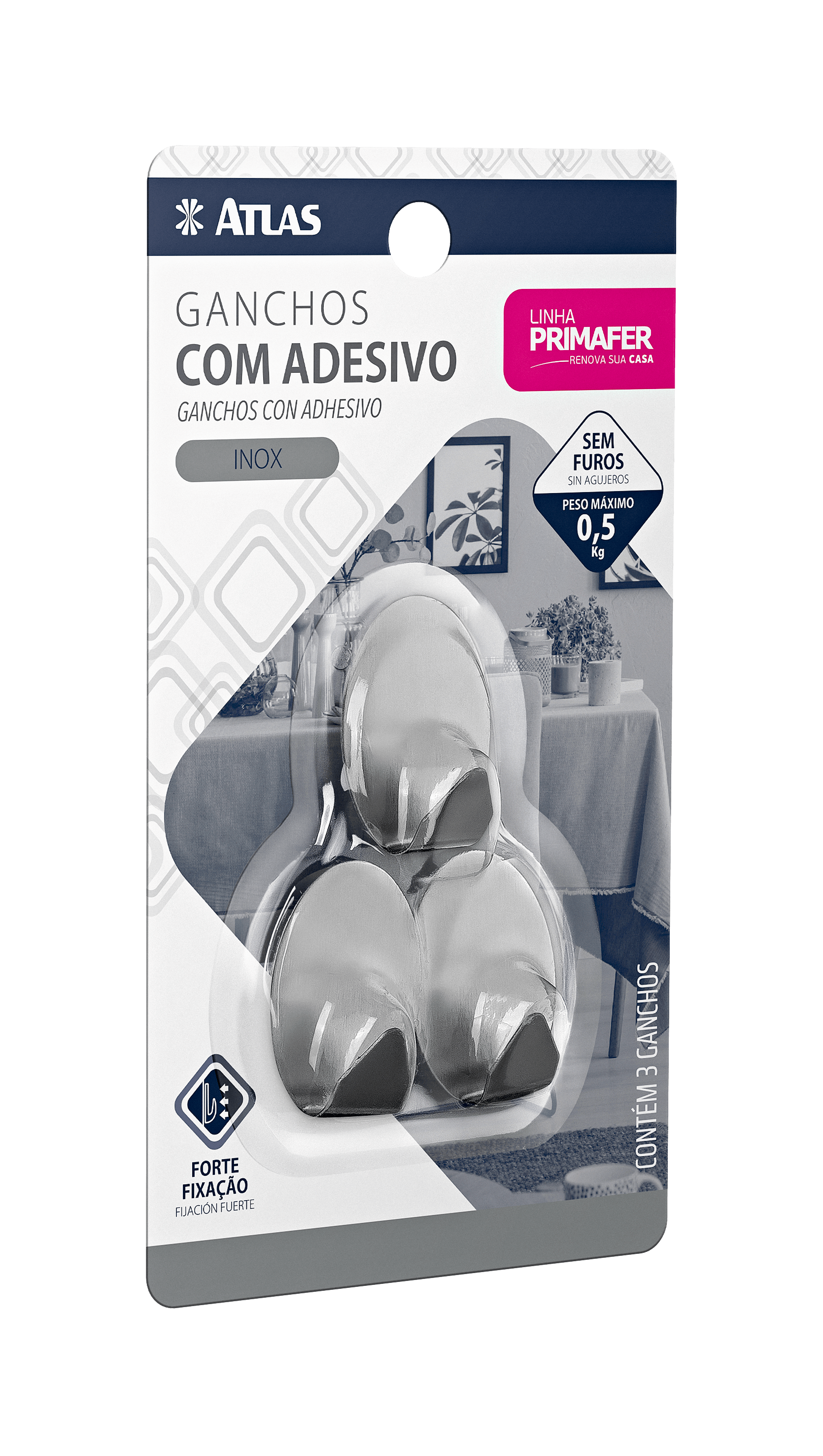 GANCHO ADESIVO 3PC 0,5KG INOX